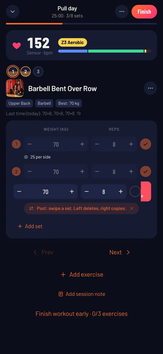 Liftspark workout screen with live heart rate of 152 bpm in zone 3 and a set log for barbell rows