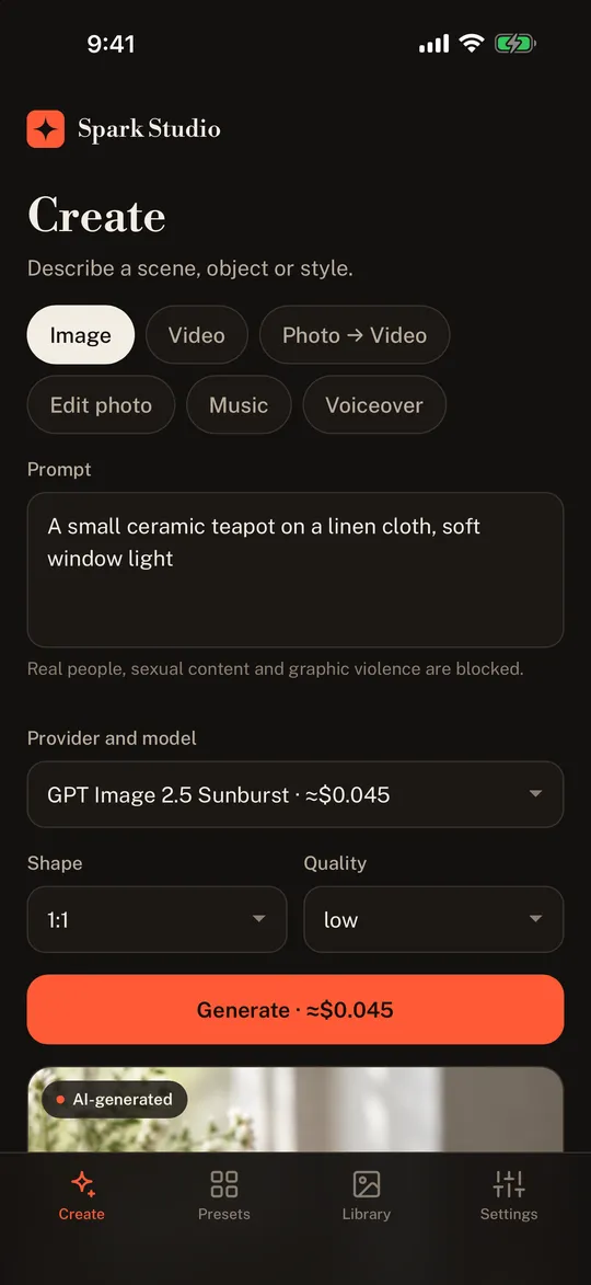 Spark Studio create screen with a prompt, a provider and model picker showing estimated cost, and a Generate button
