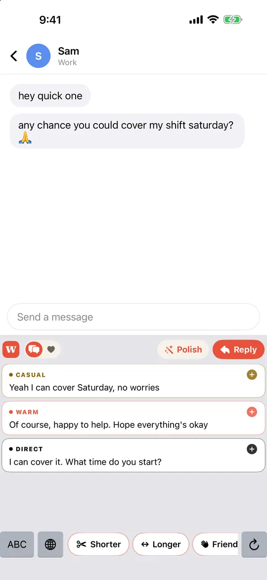 Wingline keyboard showing three reply suggestions (casual, warm and direct) under a chat